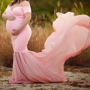 Pink off the shoulder maternity gown